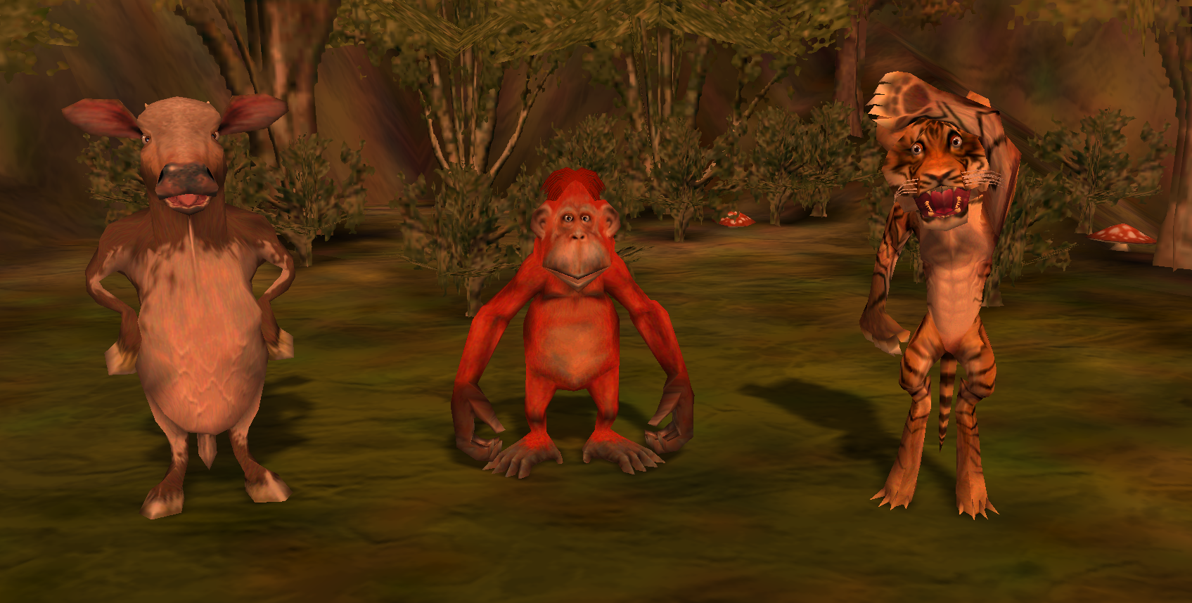 Three creatures stand in a forest glade: a cow, an orange ape and a tiger.