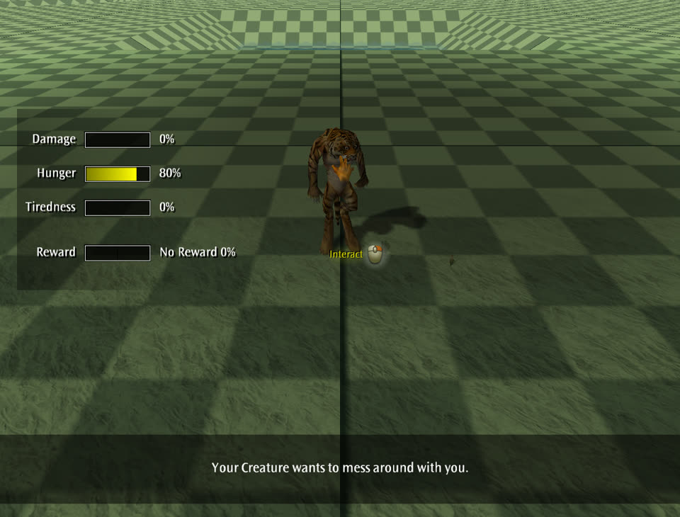 A tiger creature stands on a grass field. Bars at the left show Damage 0%, Hunger 80%, Tiredness 0%.