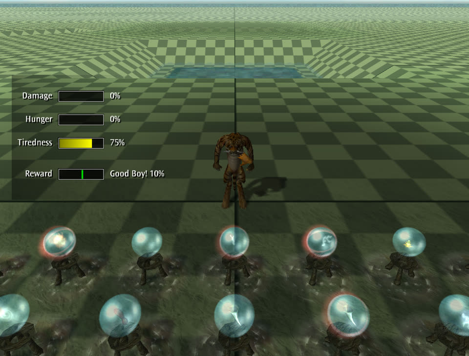 A tiger creature stands in front of a row of glass orbs. Bars at the left show Tiredness 75% and Reward Good Boy 10%.