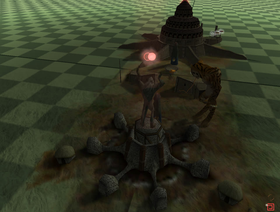 A tiger creature stands near a village altar. A red glow shows a miracle.
