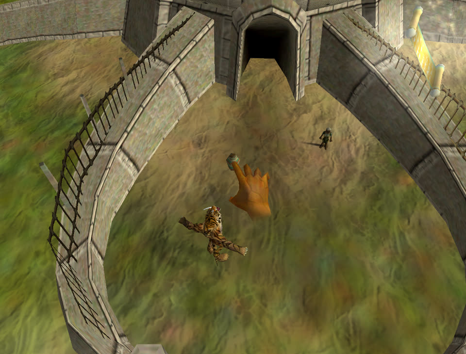 The god's hand holds food above a tiger creature in a walled pen.