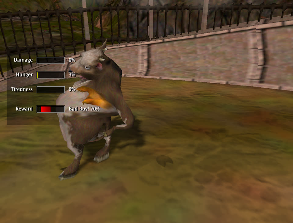 A cow creature reels back from a slap. The Reward bar at the left shows Bad Boy 70%.